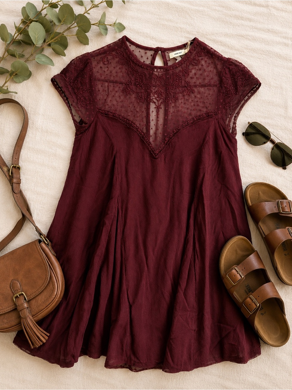 Kimchi Blue Burgundy Lace Babydoll Tunic Top XS Boho Sheer Crochet Anthropologie